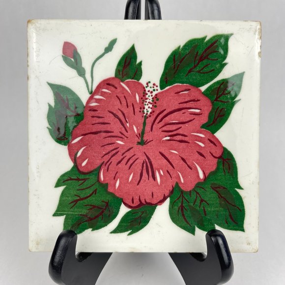 Vintage Wheeling Cushion Hand Painted Hibiscus 6" Square Tile Trivet - Picture 1 of 12